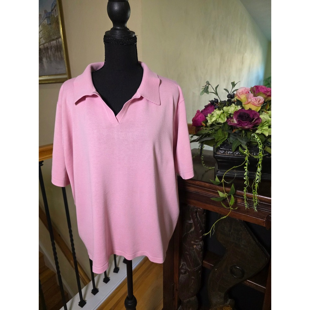 Dressbarn Woman Pink Short Sleeve Knit Polo Sweater Top Plus Size 22/24‎ V-Neck